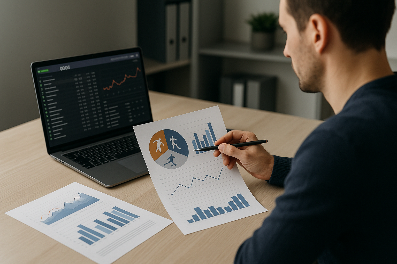 Analisi statistica per pronostici sportivi con grafici e dati su schermo