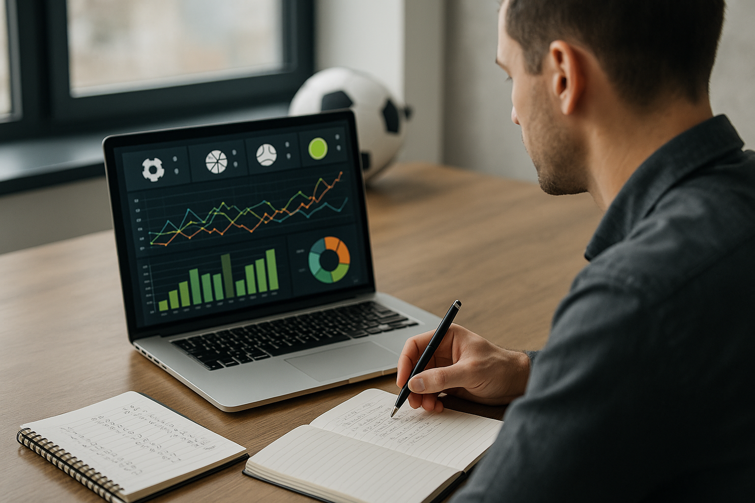 Analisi di statistiche sportive su laptop con grafici e appunti numerici