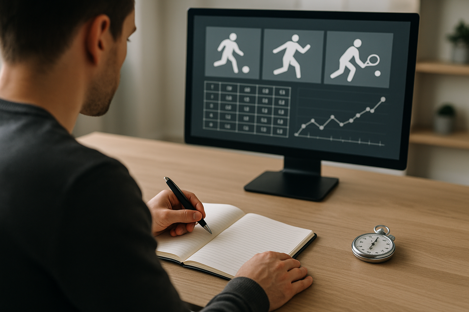 Taccuino e cronometro su scrivania con grafici sportivi astratti a rappresentare il betting live e la prudenza