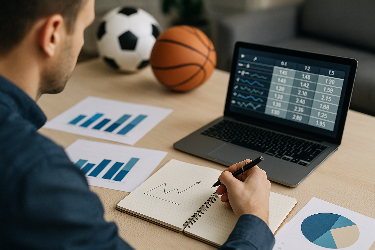 Grafici statistici astratti e taccuino per analisi di probabilità nello sport