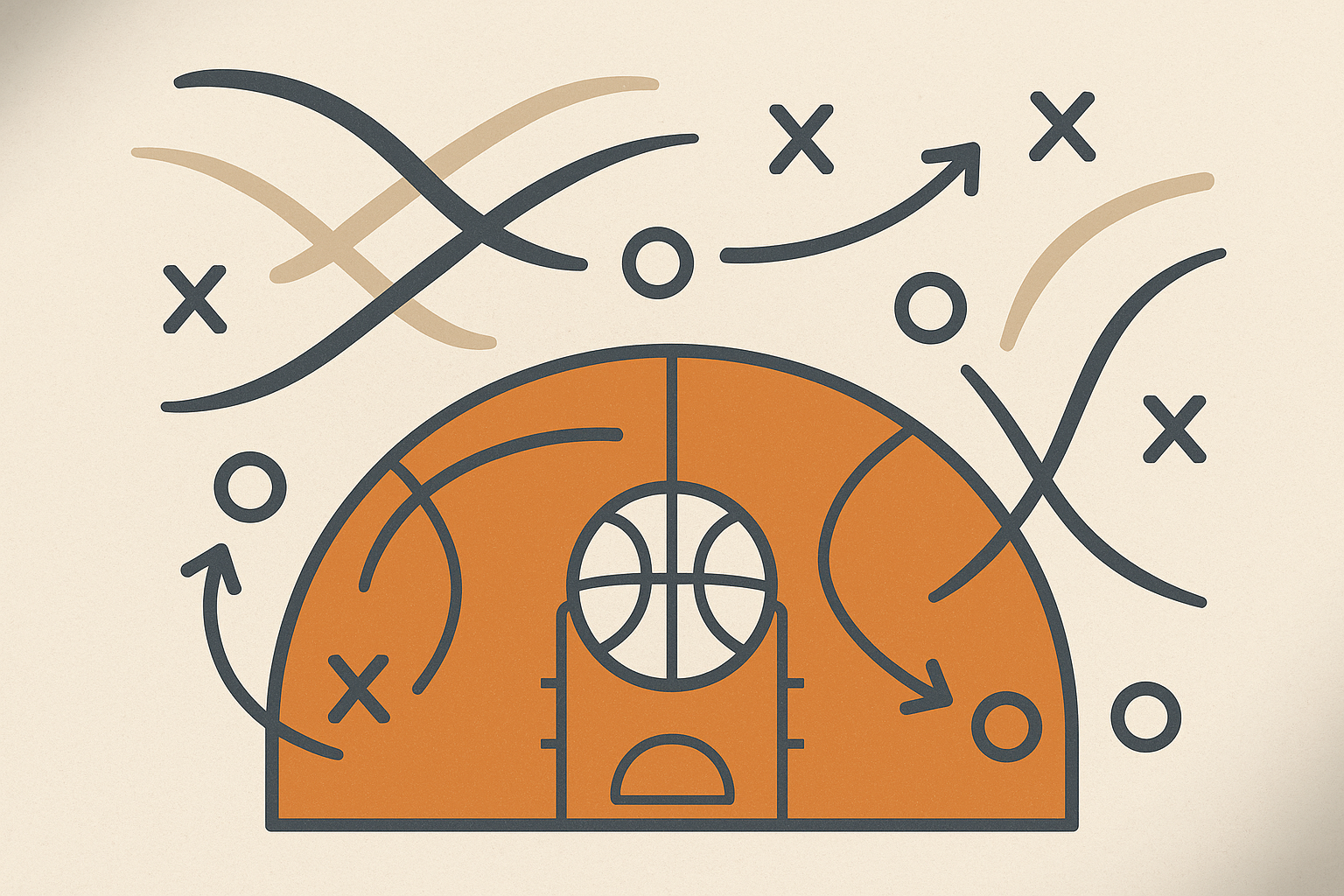 Schema stilizzato di un campo da basket con linee che rappresentano ritmo di gioco e rotazioni