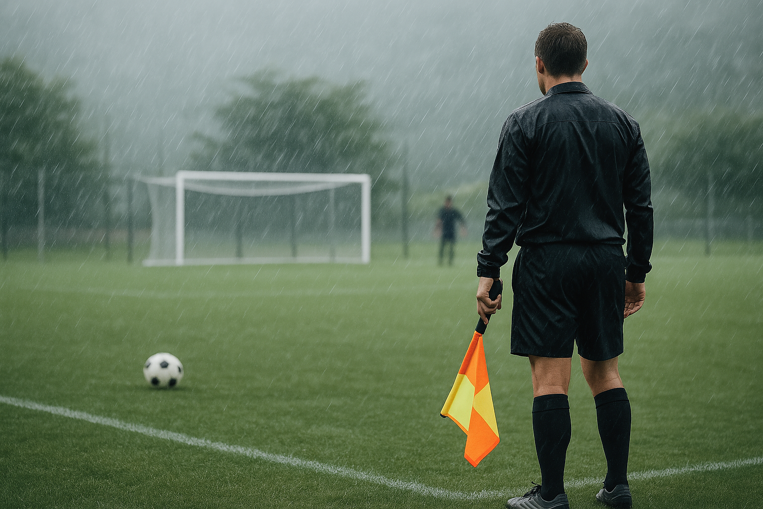Campo sportivo bagnato dalla pioggia con vento che piega le bandierine