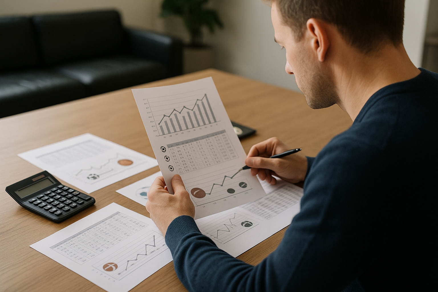 Analisi di statistiche sportive con grafici e calcolatrice su una scrivania