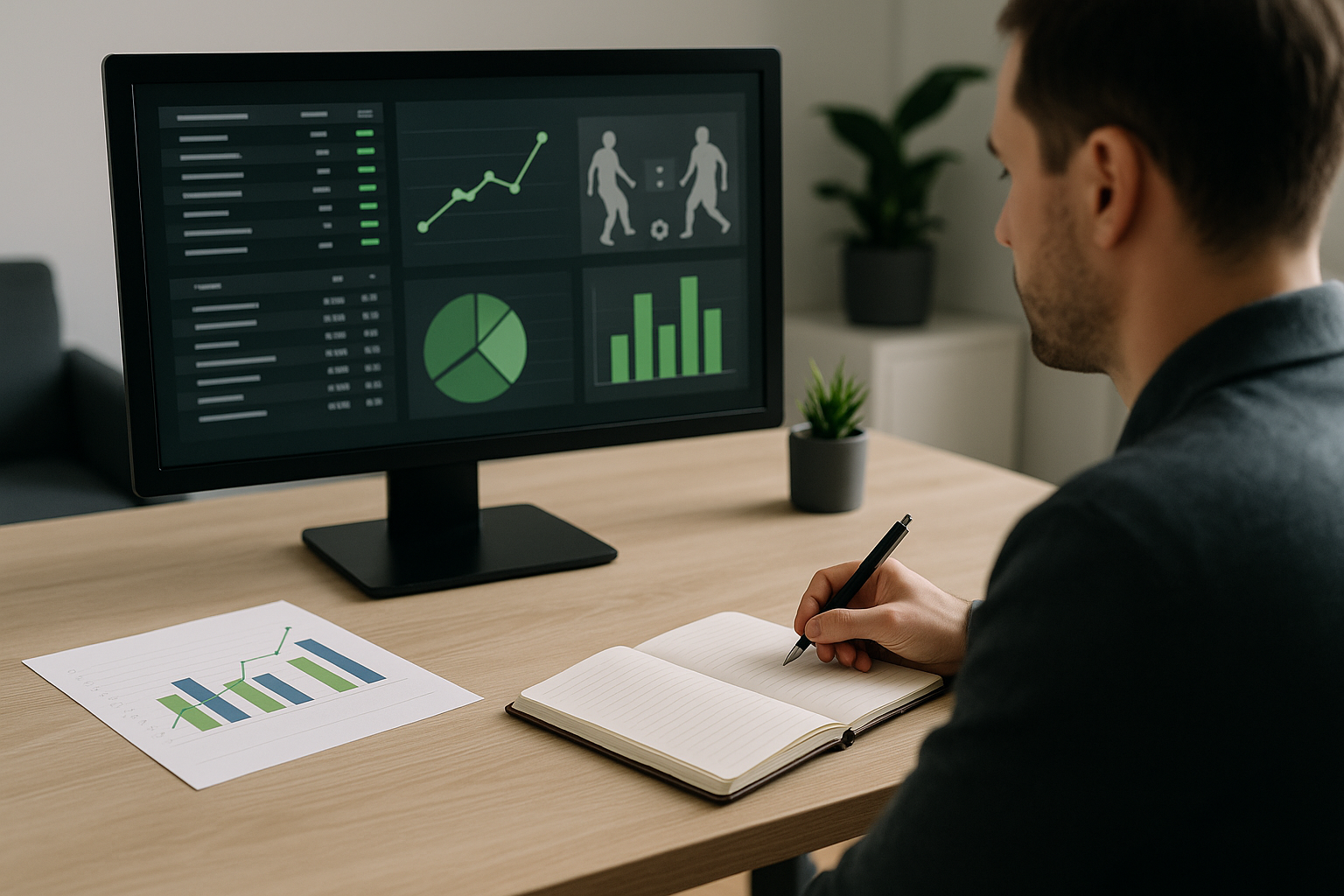 Analisi statistica prepartita con grafici e appunti su una scrivania