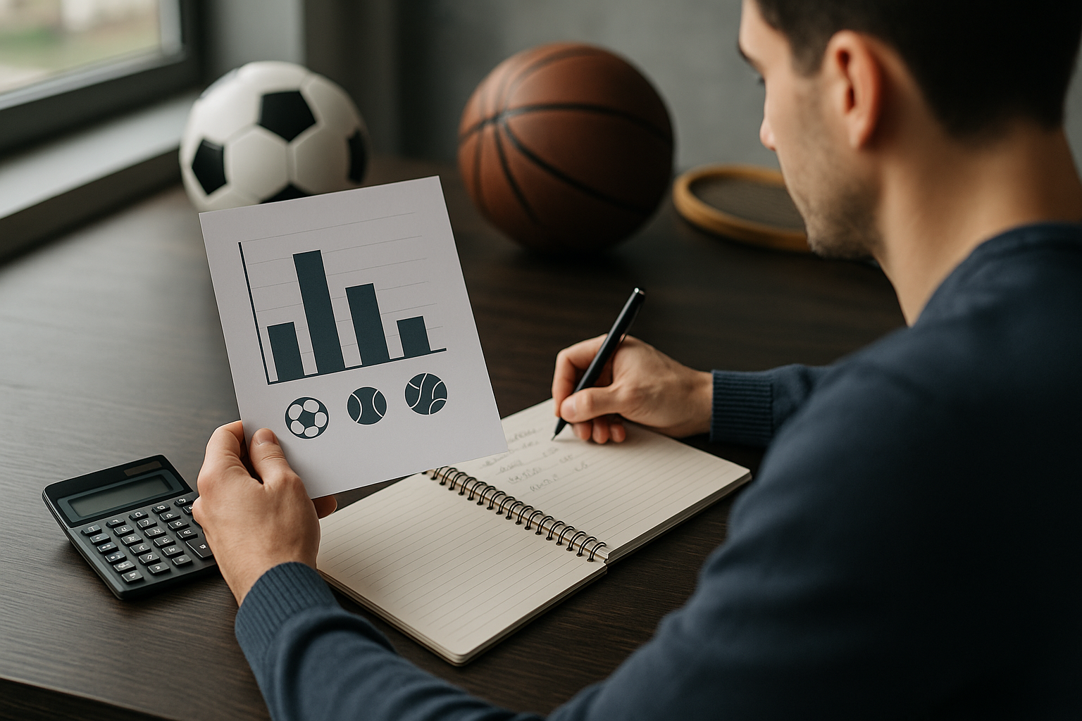 Taccuino con appunti su probabilità e calcolo quote per analisi di pronostici sportivi